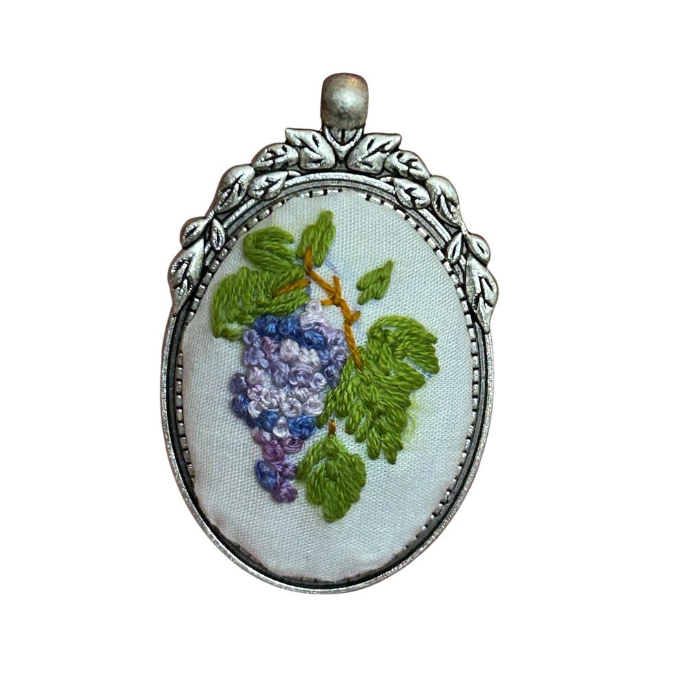 Embroidered Grapes Bunch Necklace Handmade Cameo Jewelry